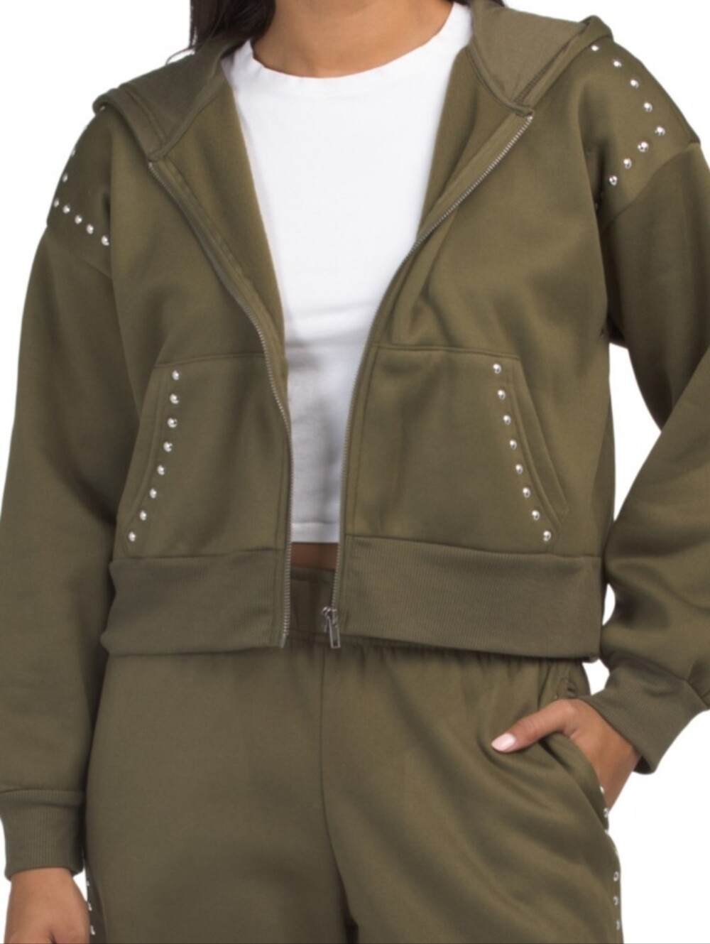 Chaser Olive Green Studded Zip Hoodie NWT